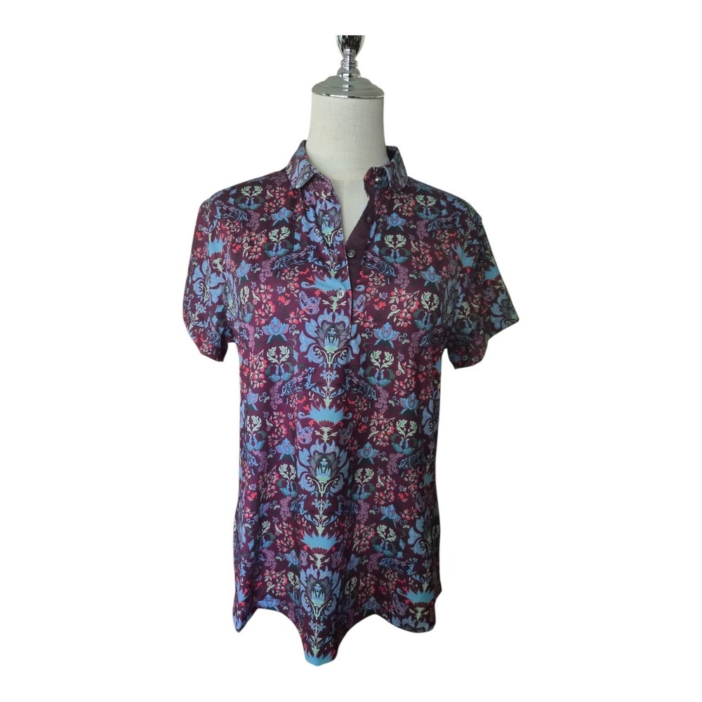 Greyson Womens Golf Polo Shirt L Floral Purple Blue Performance Stretch Golfcore